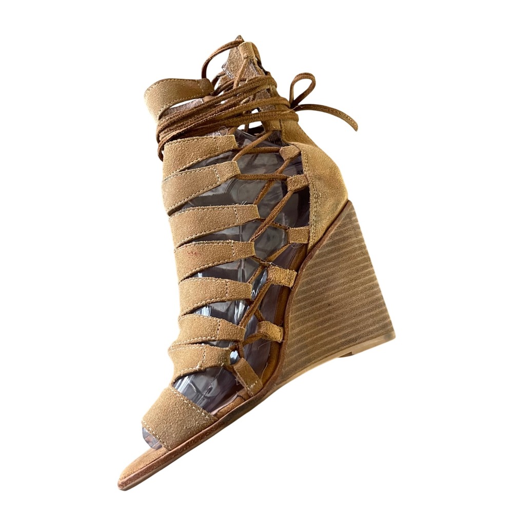 Jeffrey Campbell Wedge Sandal Women 6.5 Tan Suede Boho Gladiator Lace Up Strappy